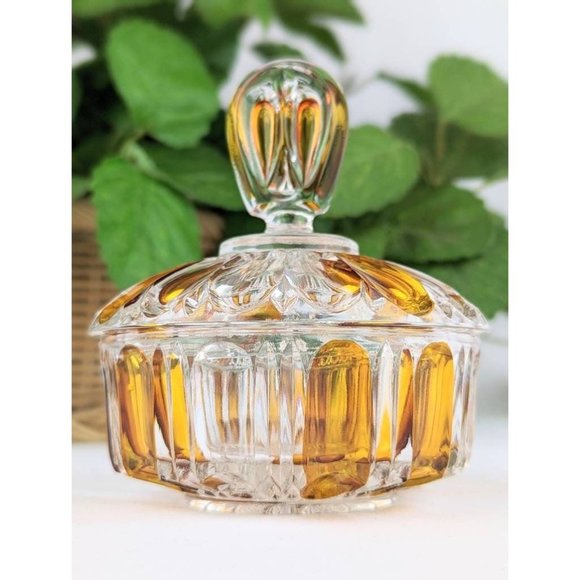 Vintage Amber Flashed Glass Trinket Dish with Lid Cut Glass Lidded Bowl - Picture 2 of 9